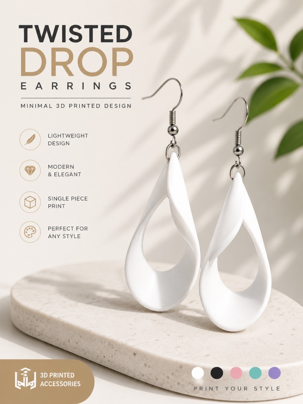 Twisted Drop Earrings | Minimal 3D Printed